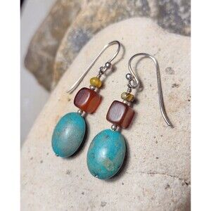 Turquoise Red Horn Amber Sterling Silver Earrings
